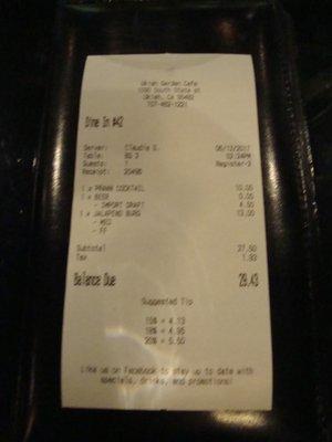 The bill - very reasonable for the quality of the food.