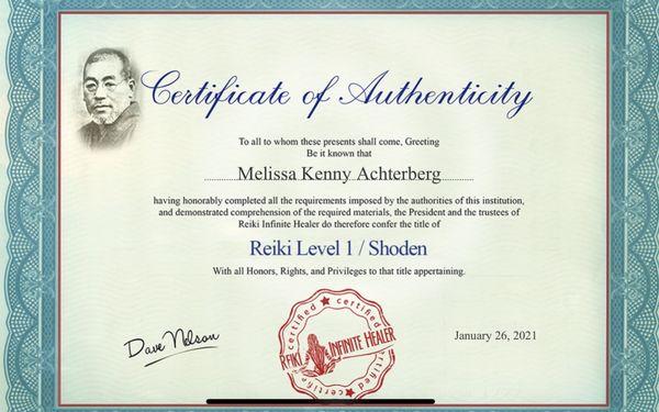 Reiki Level 1 Certificate