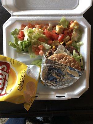 Chipotle Black Bean Burger, chips, salad with homemade dressing