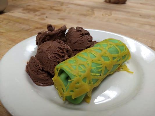 Kueh dadar (wrapped in a roti jala) & chocolate pandan ice cream