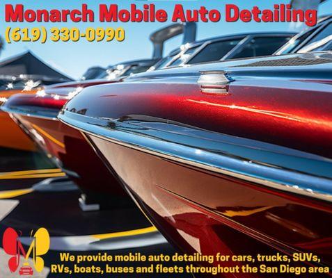 We provide mobile auto detailing for cars, trucks, SUVs, RVs, Boats, Buses, and fleets throughout San Diego Area.