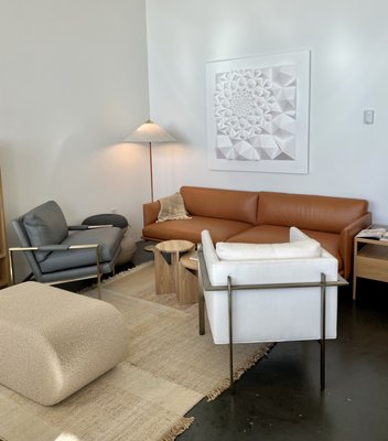 Muuto Outline Sofa, Thayer Coggin Milo Baughman Chairs, GUBI lamp, Nanimarquina Rug, Verpan Welle Ottoman