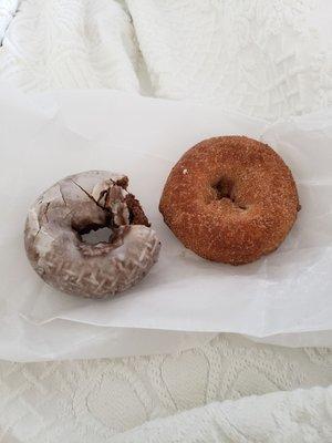 Donuts.  Chocolate glazed and cinnamon sugar