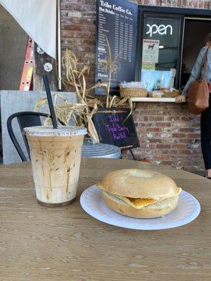 A perfect combination! Iced coffee and a breakfast bagel.