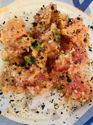 FreshWay Fish Spicy California Poke' served on steamed rice with a sprinkling of furikake.