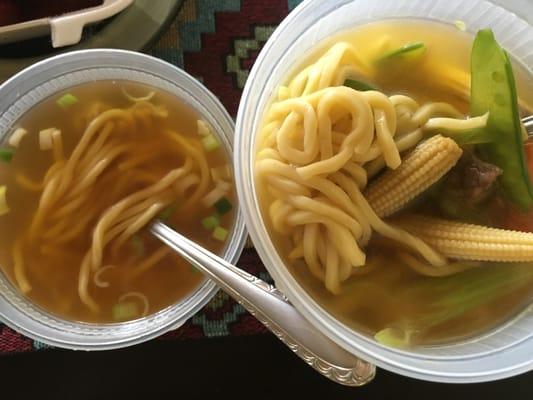 Chicken noodle on the left, Yat Gaw Mein soup on the right.