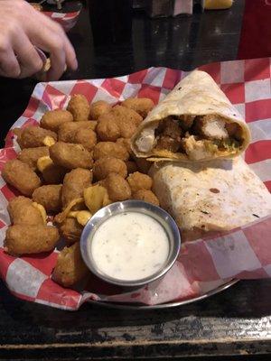 Crispy Buffalo Chicken Wrap and a size order of cheese balls with ranch for dipping.