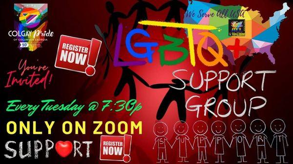 LGBTQ support groups every Tuesday night on zoom