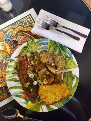 Blackened Catfish, Chump Potatoes & Cornbread.