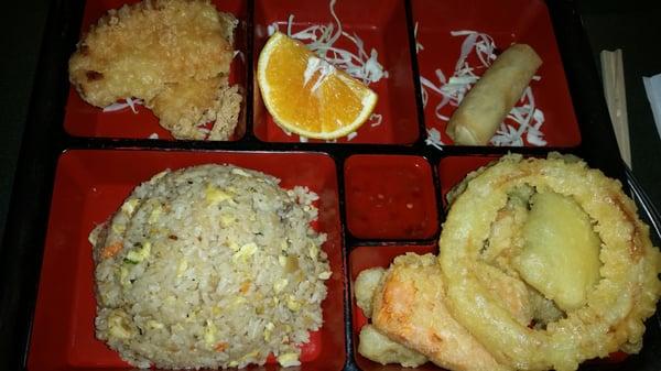 Shrimp Tempura Bento Box w/ Tempura Vegetables, Fried Rice,  Vegetable Roll, And Slice of Orange