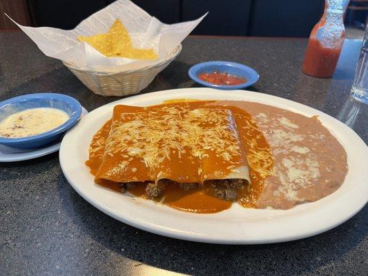 3 beef enchiladas, double beans, chorizo cheese dip