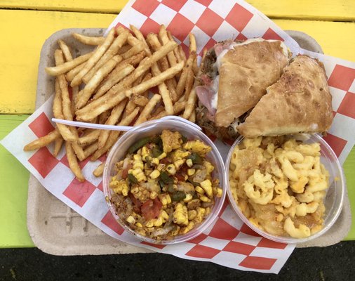 Fries, Cuban sandwich, Mac and cheese, corn succotash