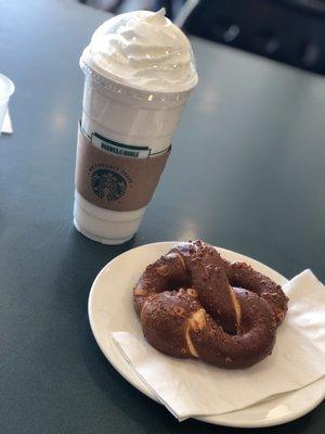 Vanilla bean frappe with pizza pretzel