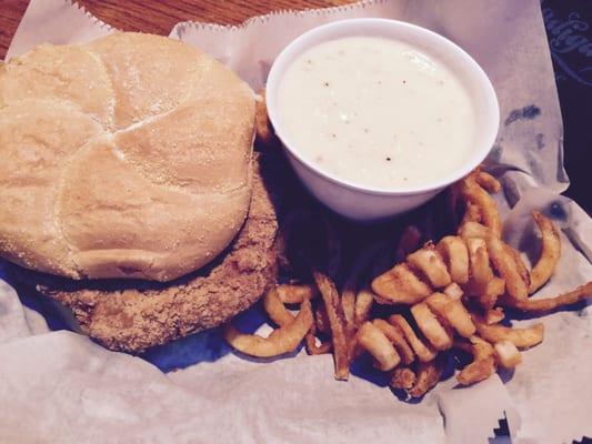 My chicken Fried steak sandwich on a toasted bun served with a side of white gravy??? so delicious!