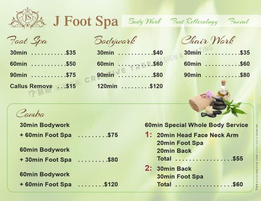 j foot spa menu