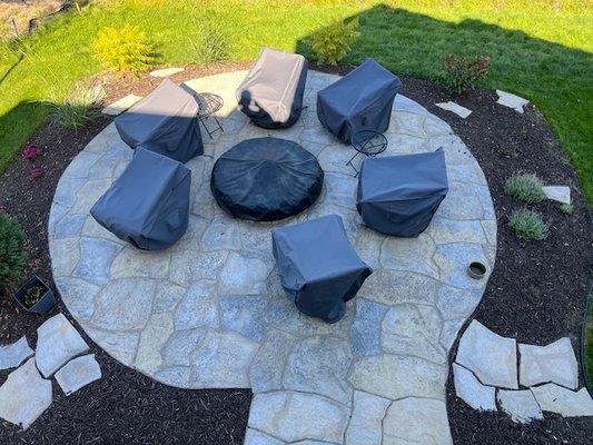 20ft diameter stone patio with gas fire place