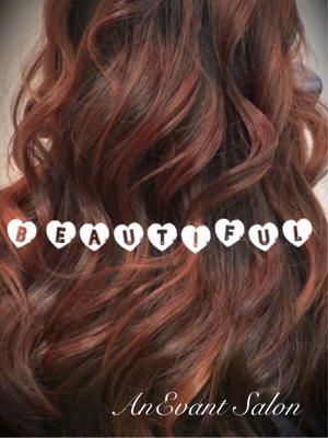 Redken brown & red tones blurred together = rich vibrant color. Long layers with beautiful curls. Hair by Carrie D.