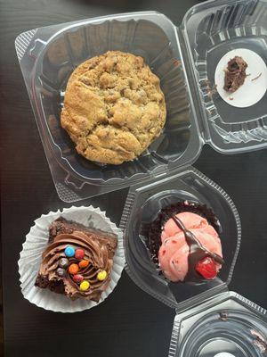 m&m brownie, cherry cupcake, chocolate chunk cookie!  all amazing!!!