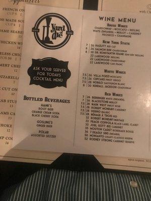 Wine and beer menu