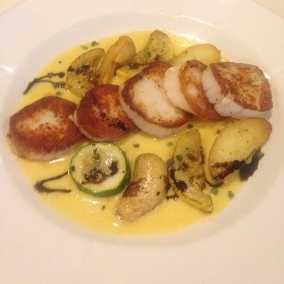 Scallops with squash and fingerling potatoes. Outrageously large scallops.  Yummers!