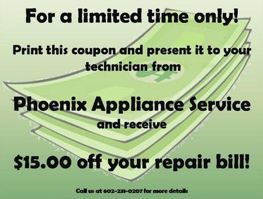 Scottsdale Refrigerator Repair Discount Coupon.