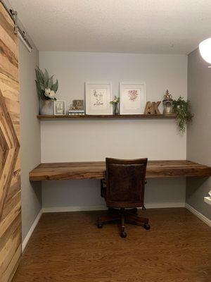 Liquid Amber Desk and live edge floating shelf.