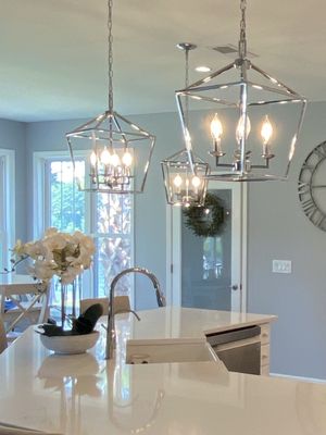 New kitchen design.  Lighting, counter top, flooring