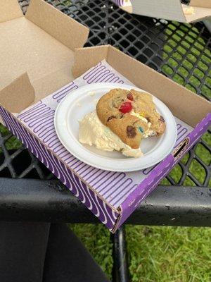 A cookie sándwich: two m'n'm cookies with a scoop of vanilla ice cream