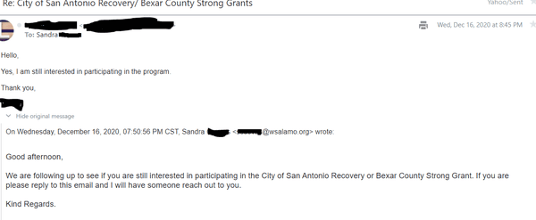 Email from Workforce Solutions. Regarding the COSA program. I received no response. Still no response nearly eight months later.