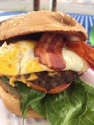 Bacon Burger with added fried egg.