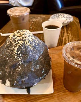 Iced Cold Brew with soy milk, hand brew coffee, black sesame bingsu, and iced coffee.