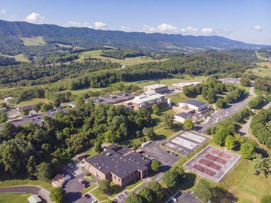 An aerial view of campus in the summer.