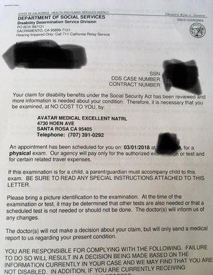 Letter from Social Security with the name, number and address of this business for my physical.  I'll write a review once Im home