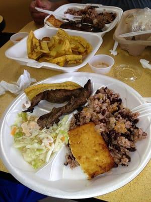 One serving for two people!  It's that big and that delicious!  Carne Asada, Gallo Pinto ( Nica rice & beans), fried cheese!!!