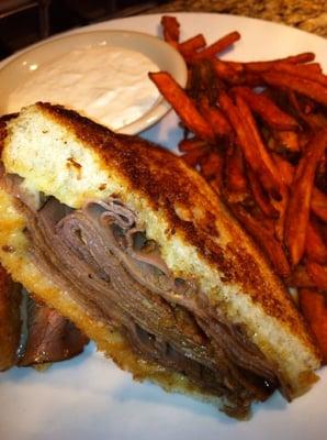 Angus Roast Beef with Melted Havarti Cheese on Texas Toast with Horseradish Cream and Sweet Potato French Fries. #wagongrill