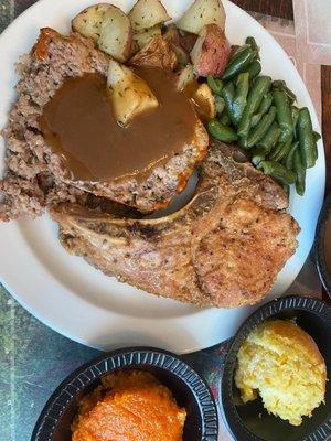 Buffet $13 meatloaf, pork chop, corn and carrot casserole