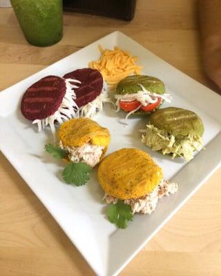 Healthy breakfast tricolor arepitas and you can select the protein