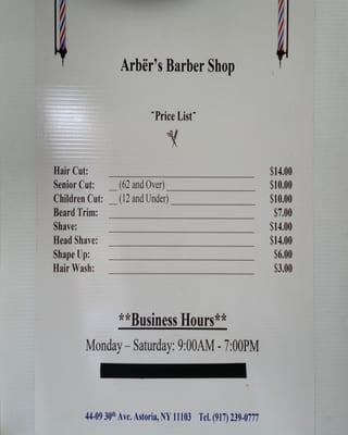 This is the list of the prices at Arbër's Barber Shop