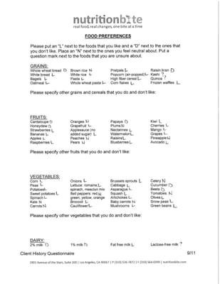 Sample page from questionnaire used to determine client food likes / dislikes used before meeting for an initial consultation