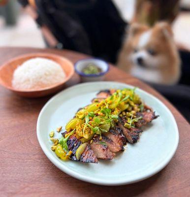 Pork Jowl w/ oyster sauce, lilikoi nước chấm, grape relish, pickled jalapeños, pistachio | $33 +$4 rice +$2 jaew