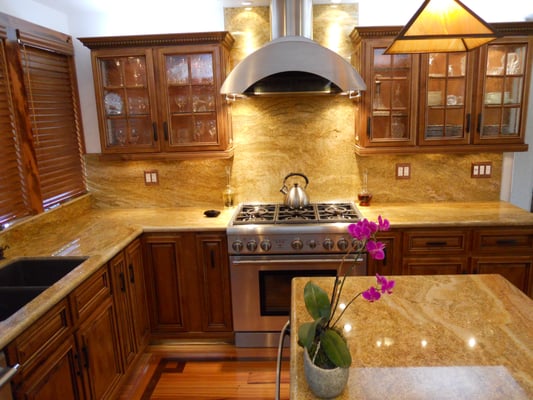 SF Valley Kitchen. Features highly customized traditional cabinets, custom fabricated granite counters and walls.