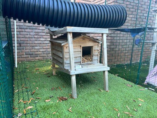 Cat house destroyed by roofing material being thrown onto it.