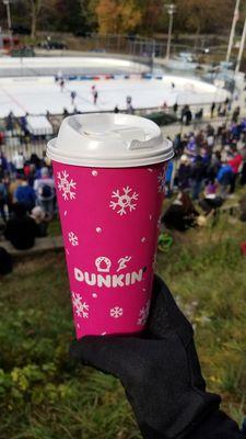 Enjoying Dunkin donuts coffee while watching the NY Rangers open practice at Lasker rink - 11/09/2019.