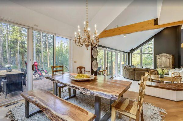 Dining area with floor to ceiling windows and views of mountain