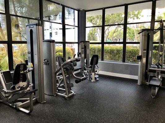 Cyber equipment in the new area  of the gym next to the cardio / stretching zone with treadmill, elliptical, cycle and  stair master.