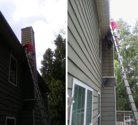 Antonio of Tristan Roofing. Cleaning gutters 3 stories high.