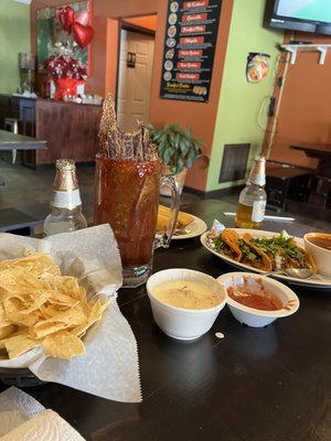 Queso, 4 Birria Tacos, Michelada