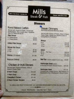 Mills Steak & Fish Menu