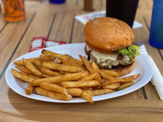 A serious burger and perfectly seasoned "cactus fries"