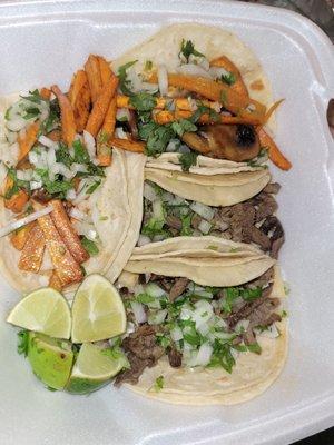 Veggie tacos and  Steak tacos.